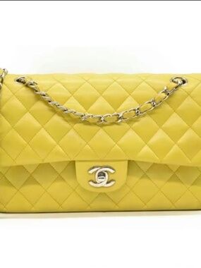 CHANEL Medium Classic Double Flap Yellow Lambskin Silver Hardware